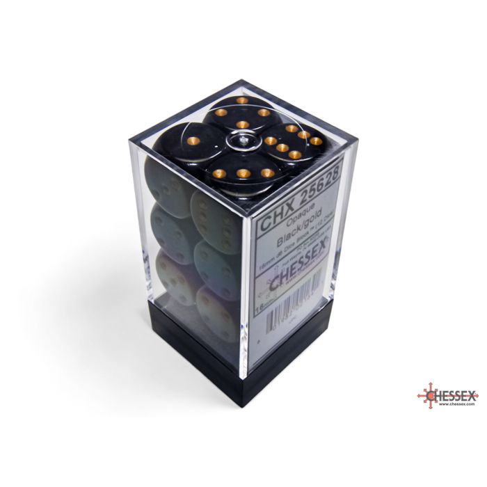 25628 Opaque 16mm d6 Black/gold Dice Block™ (12 dice)