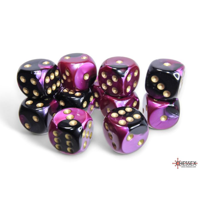 26640 Gemini® 16mm d6 Black-Purple/gold Dice Block™ (12 dice)