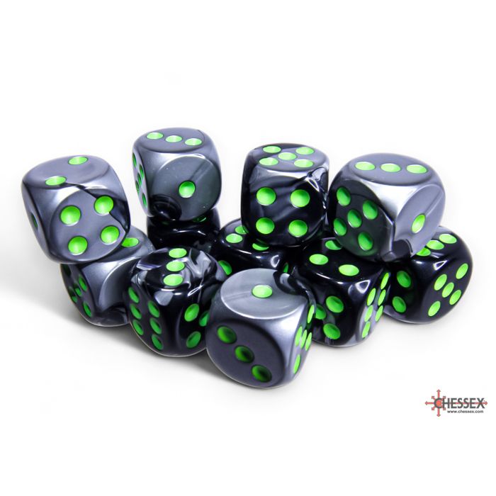 26645 Gemini® 16mm d6 Black-Grey/green Dice Block™ (12 dice)