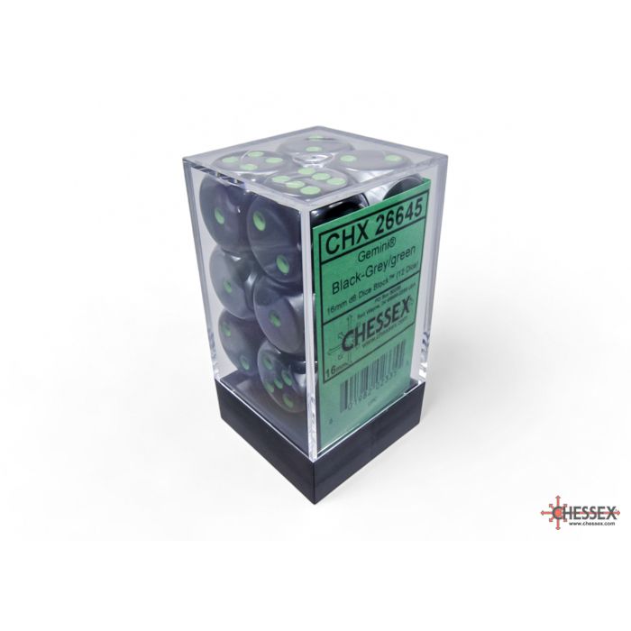 26645 Gemini® 16mm d6 Black-Grey/green Dice Block™ (12 dice)