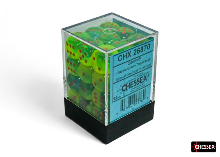 CHX 26870 Gemini Plasma Green-Teal/orange Luminary 12mm d6 Dice Block (36 dice)
