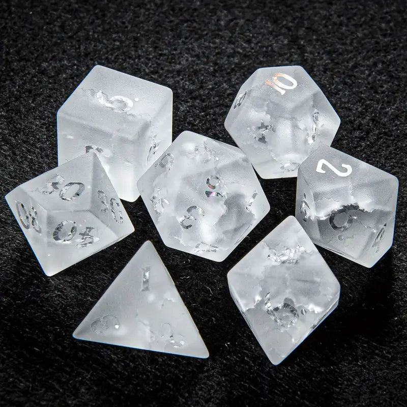 Enchanted Glass DnD Dice Set - Frosted White Cracked Glass