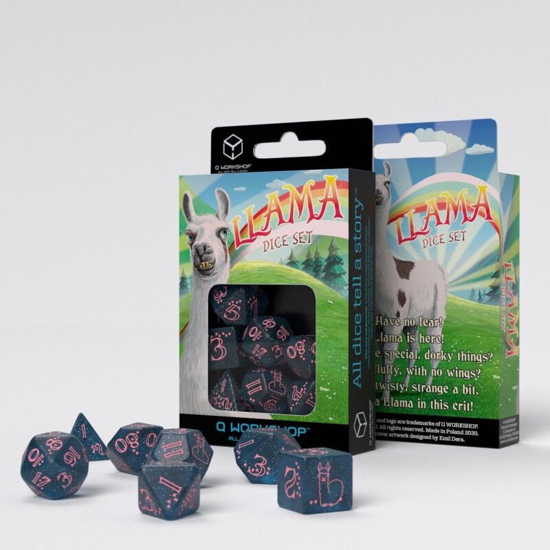 Q Workshop - Llama Glittering Dark Blue And Pink Dice Set 7