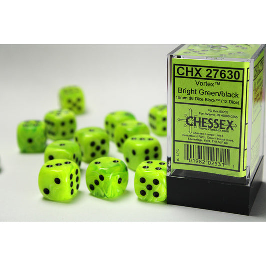27630 Vortex® 16mm d6 Bright Green/black Dice Block™ (12 dice)