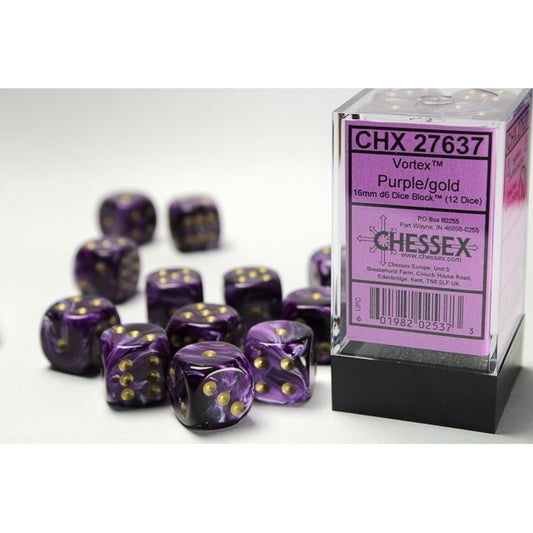 27637 Vortex® 16mm d6 Purple/gold Dice Block™ (12 dice)