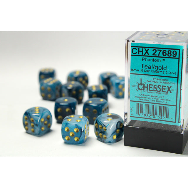 CHX 27689 Phantom Teal/gold  16mm d6 Dice Block (12 dice)