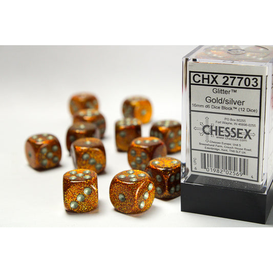 CHX 27703 Glitter Gold/silver  16mm d6 Dice Block (12 dice)