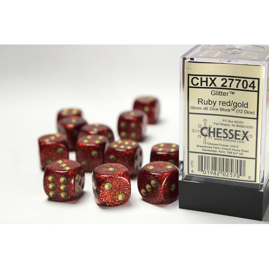 CHX 27704 Glitter Ruby/gold  16mm d6 Dice Block (12 dice)