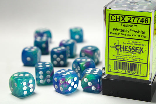 27746 Festive 16mm d6 Waterlily/White Dice Block™ (12 dice)