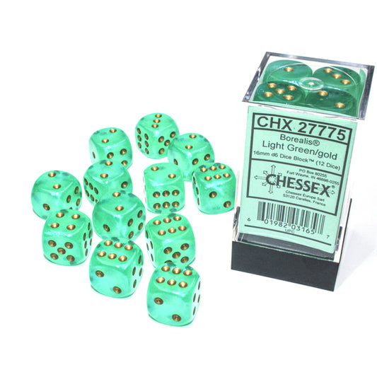 27775 Borealis® 16mm d6 Light Green/gold Luminary™ Dice Block™ (12 dice)