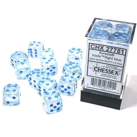 27781 Borealis® 16mm d6 Icicle™/light blue Luminary™ Dice Block™ (12 dice)