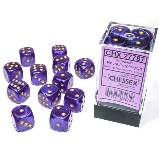 27787 Borealis® 16mm d6 Royal Purple/gold Luminary™ Dice Block™ (12 dice)