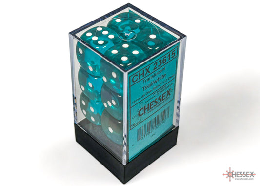 23615 Translucent 16mm d6 Teal/White Dice Block™ (12 dice)