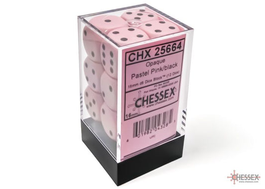 CHX 25664 Opaque 16mm d6  Pastel Pink/black Dice Block  (12 dice)