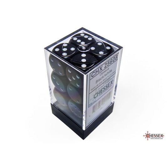 CHX 25608 Opaque Black/white 16mm d6 Dice Block (12 dice)