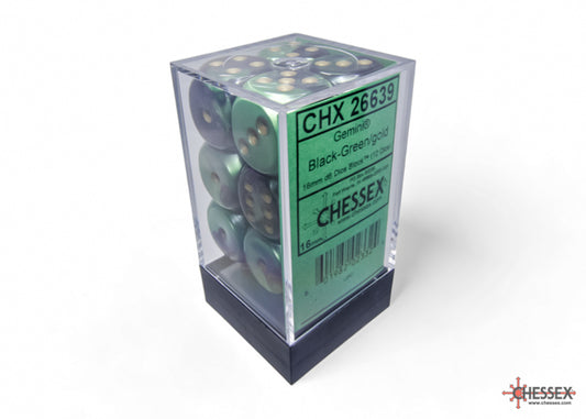 26639 Gemini® 16mm d6 Black-Green/Gold Dice Block™ (12 dice)