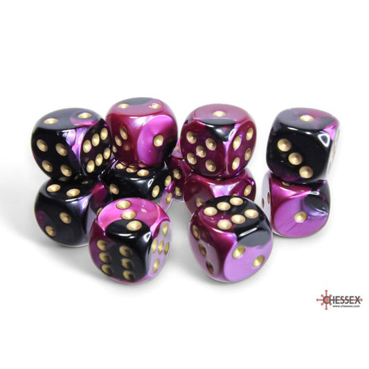 26640 Gemini® 16mm d6 Black-Purple/gold Dice Block™ (12 dice)