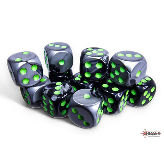 26645 Gemini® 16mm d6 Black-Grey/green Dice Block™ (12 dice)