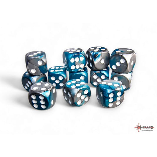 CHX 26656 Gemini  Steel-Teal/white 16mm d6 Dice  Block (12 dice)