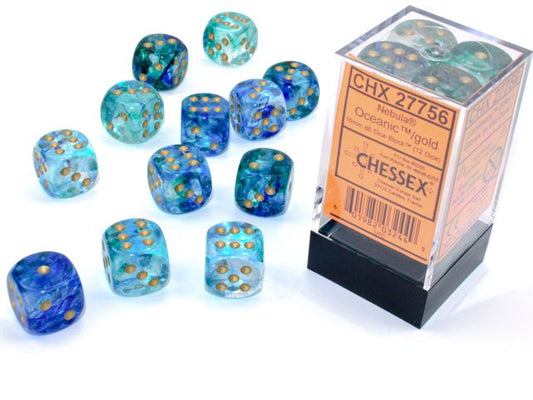 27756 Nebula® 16mm d6 Oceanic™/gold Luminary™ Dice Block™ (12 dice)