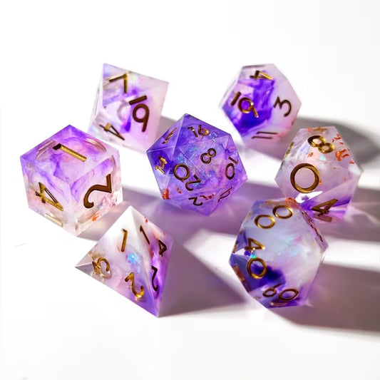 Stardust Sovereign – Amethyst & White-Gold Shimmer 7 piece Dice Set
