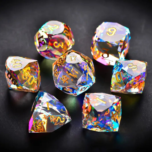 Crystal Angled Glass Dice Set - Rainbow Gemstone