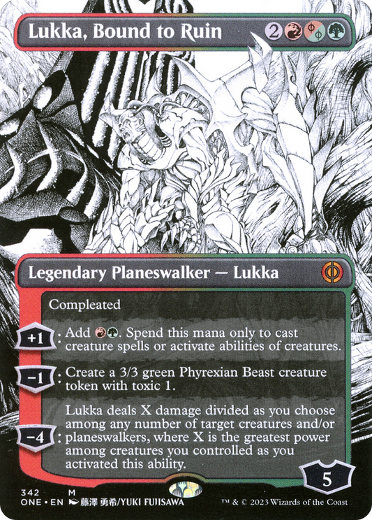 Lukka, Bound to Ruin (Borderless) (ONE-342) - Phyrexia: All Will Be One: (Showcase) (Borderless)