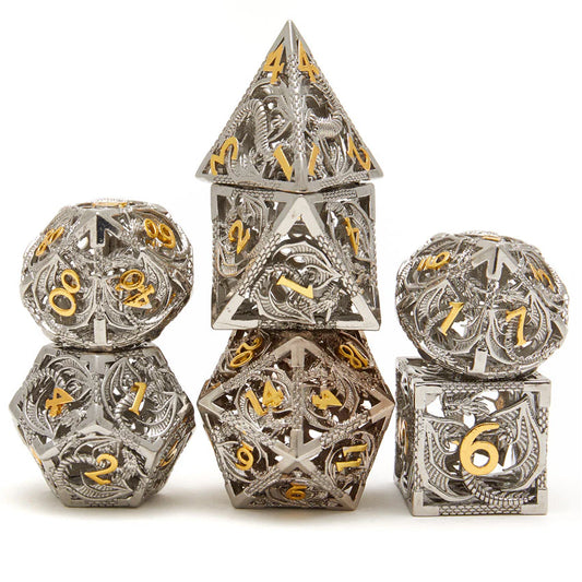 Hollow Flying Dragon - Metal Silver Gold Dice Set