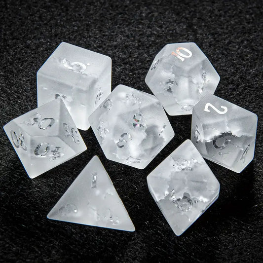 Enchanted Glass DnD Dice Set - Frosted White Cracked Glass