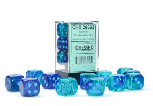 26663 Gemini® 16mm d6 Blue-Blue/light blue Luminary™ Dice Block™ (12 dice)
