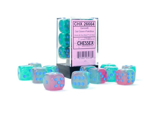 26664 Gemini® 16mm d6 Gel Green-Pink/blue Luminary™ Dice Block™ (12 dice)